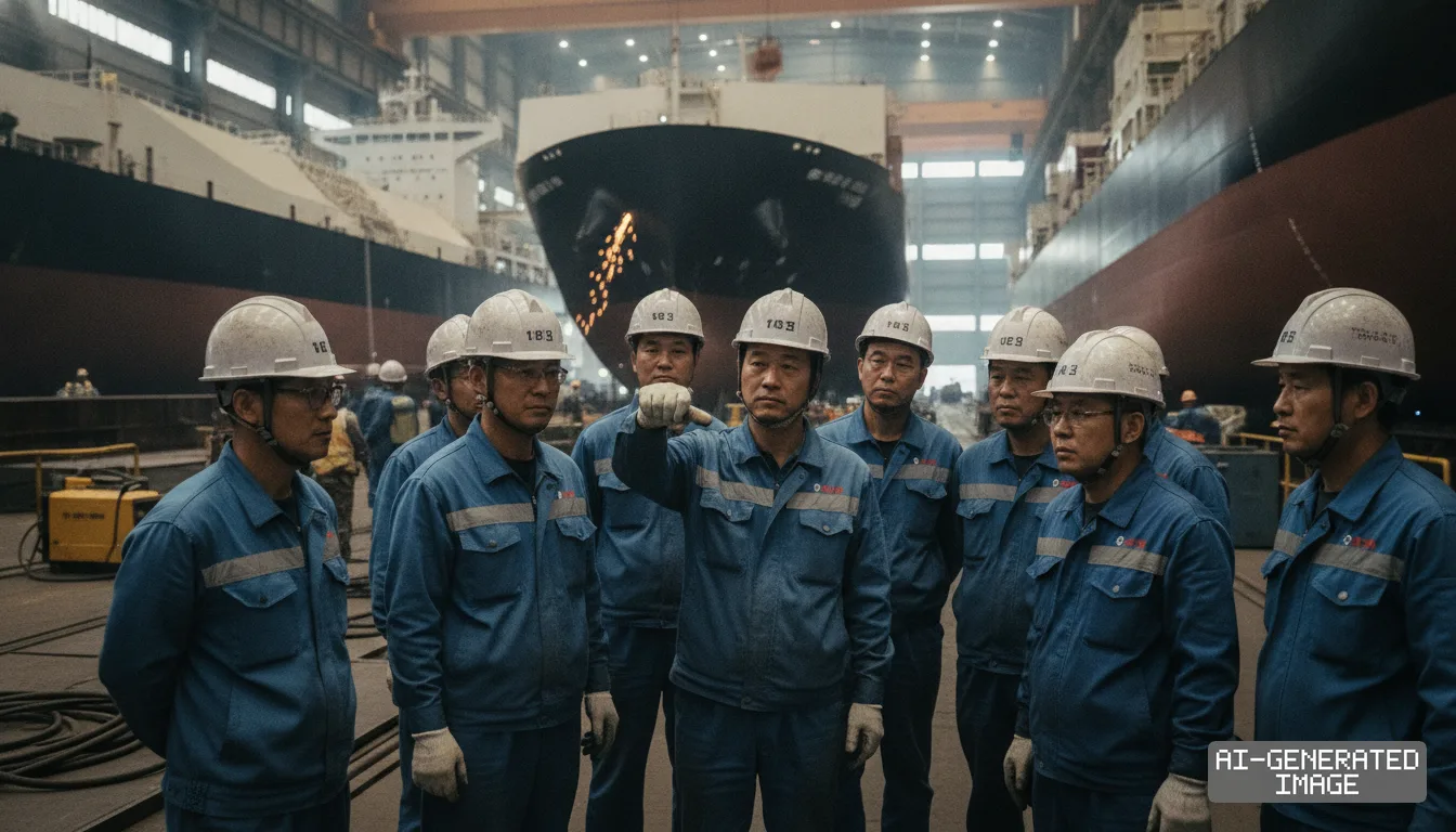 Shipbuilders wearing hard hats and blue uniforms stand inside a dock facility with large vessels under construction behind them. (AI-generated image)