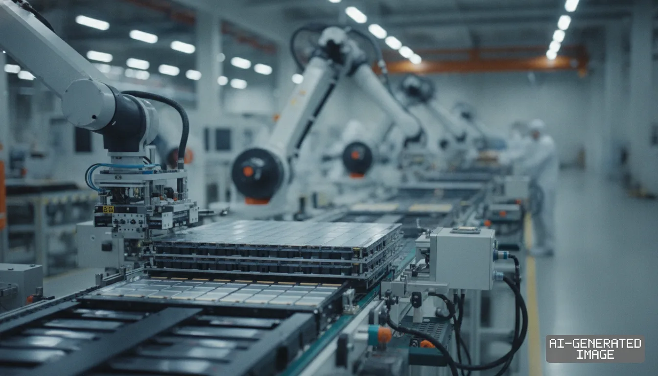 Robotic arms operate along an automated assembly line producing battery modules inside a manufacturing facility. (AI-generated image)