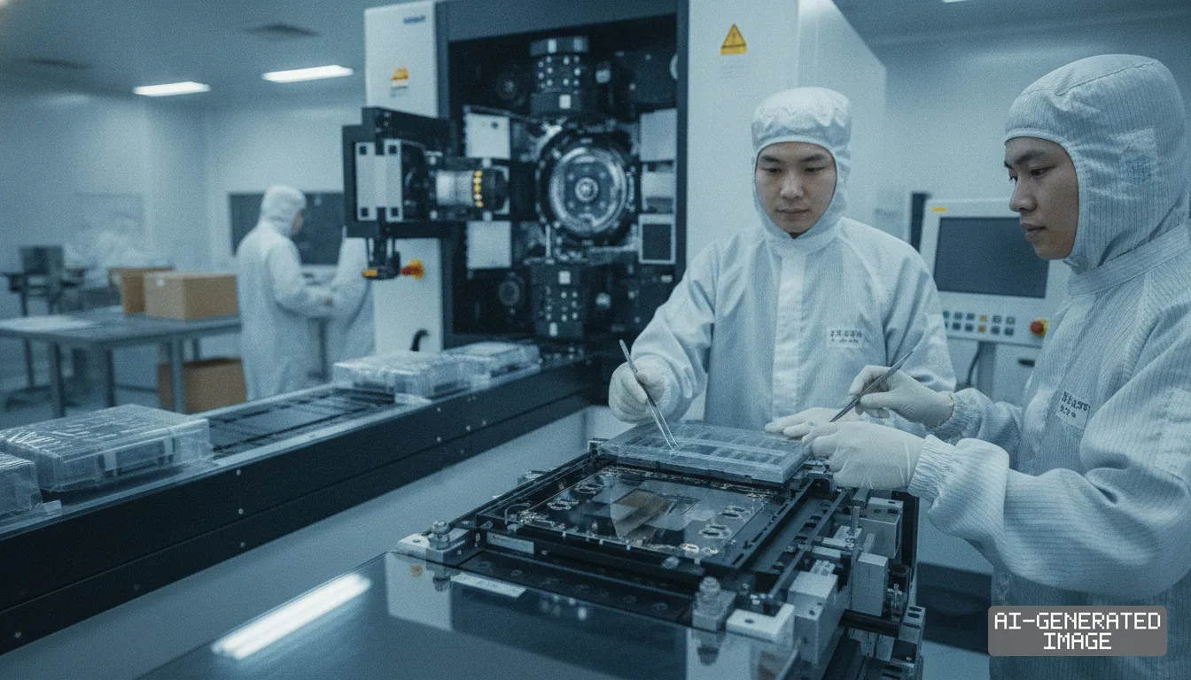 Technicians wearing protective cleanroom suits handle precision components along a semiconductor production line. (AI-generated image)