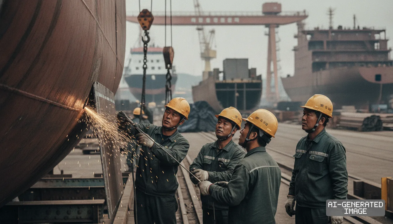 Shipyard laborers in hard hats weld a vessel hull with towering industrial cranes and large ships standing in the background. (AI-generated image)