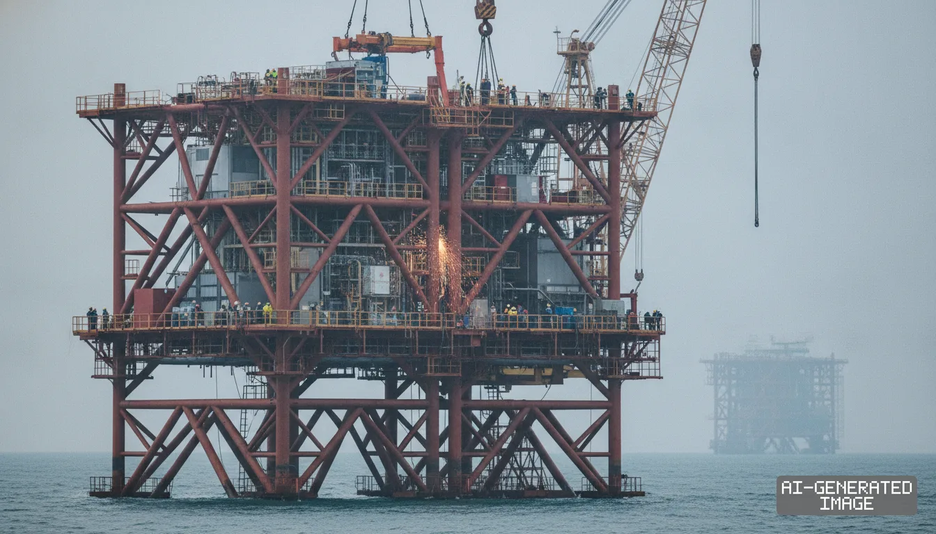 Workers install a steel offshore platform at sea as a crane operates overhead and welding sparks fly across the structure. (AI-generated image)