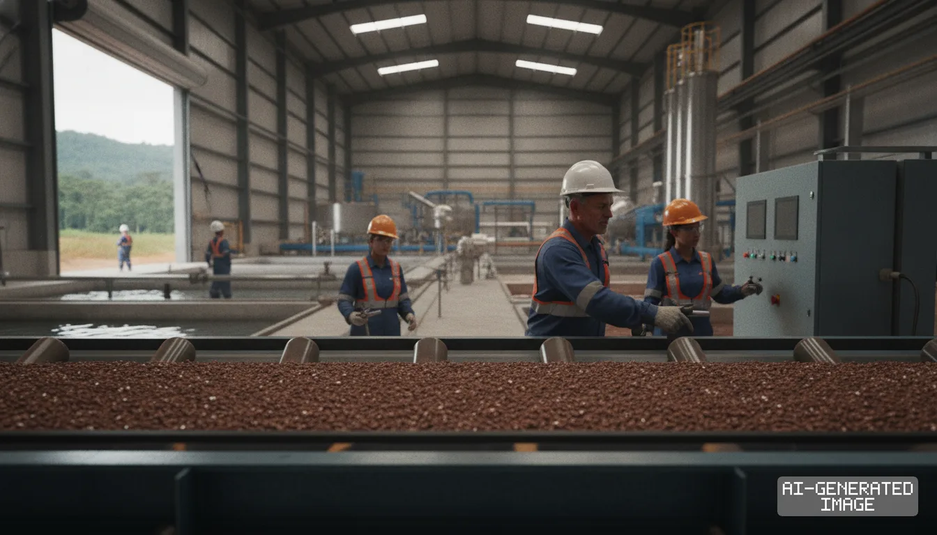 Workers monitor operations inside an industrial processing facility as material moves along a conveyor belt. (AI-generated image)