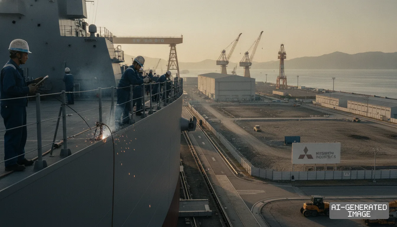 Shipyard workers weld aboard a naval vessel at a coastal Mitsubishi facility with industrial cranes in the background. (AI-generated image)