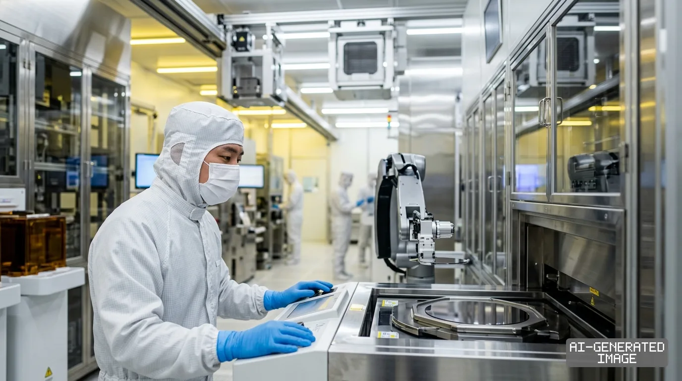 A worker in cleanroom attire operates automated semiconductor equipment alongside a robotic handling arm inside a manufacturing facility. (AI-generated image)