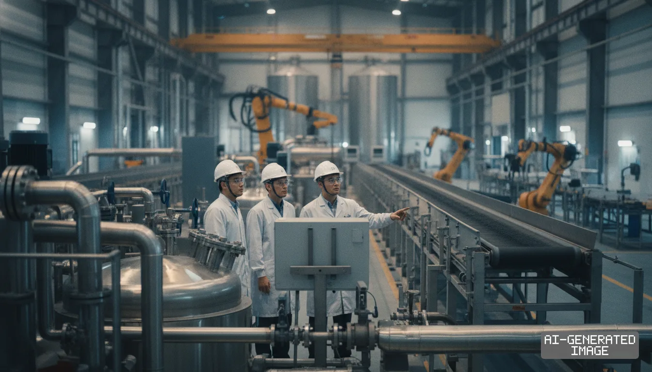 Engineers in hard hats and lab coats inspect an automated production line inside a battery material facility. (AI-generated image)