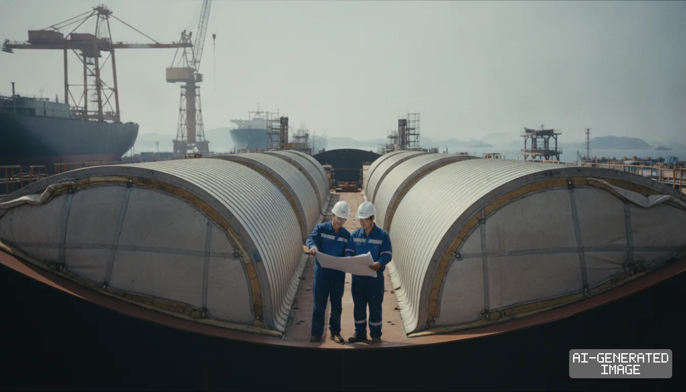 Two workers review blueprints aboard a vessel under construction at a shipyard building liquefied natural gas carriers. (AI-generated image)