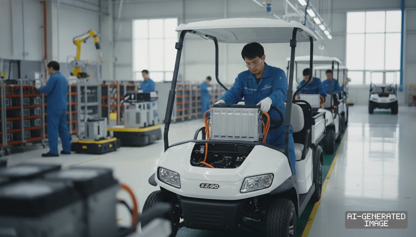 A technician installs a lithium battery pack into an E-Z-GO utility vehicle on an assembly line inside a manufacturing facility. (AI-generated image)