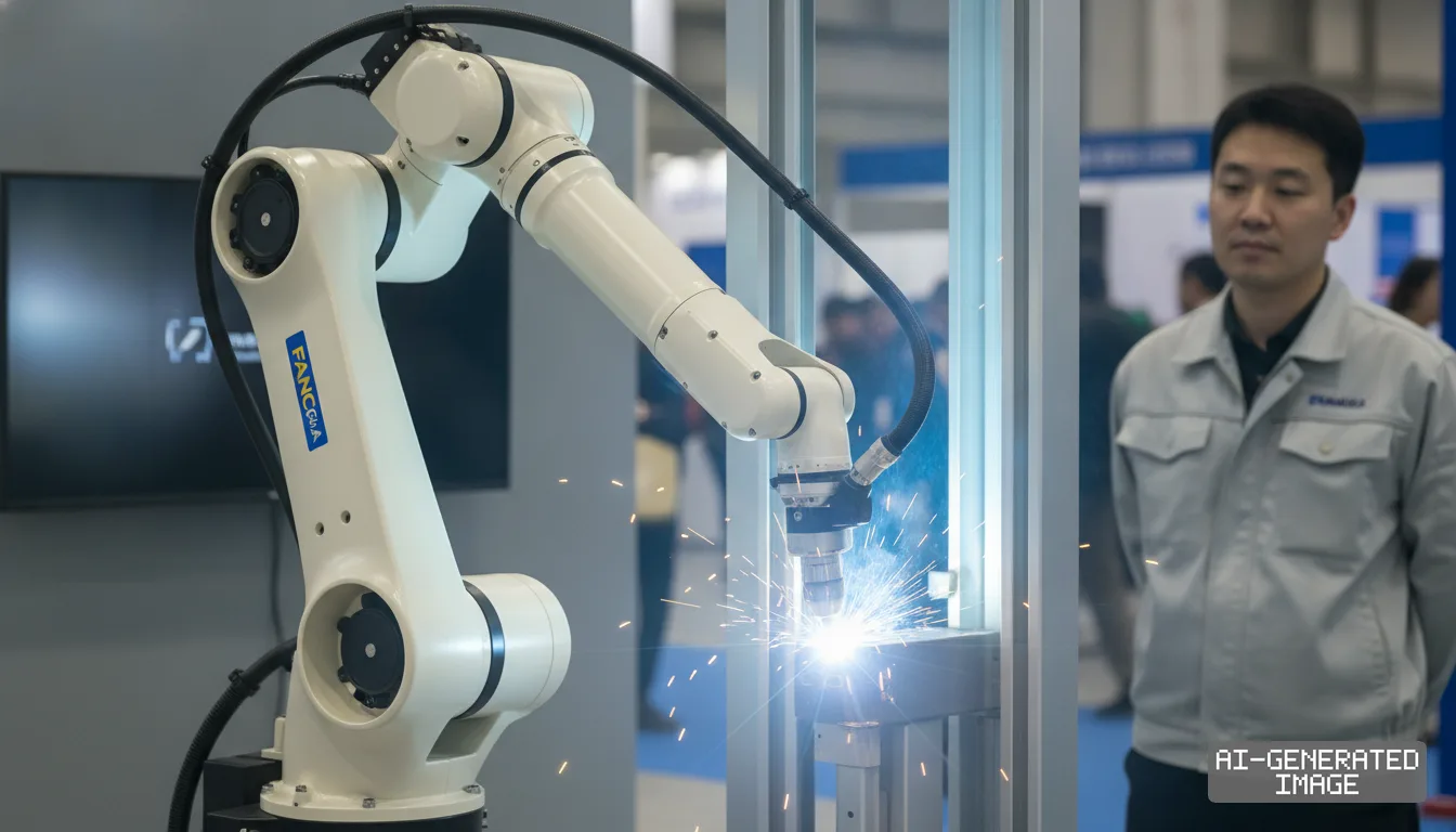 A Fanuc collaborative robot demonstrates automated welding with bright sparks as an onlooker watches in the background. (AI-generated image)