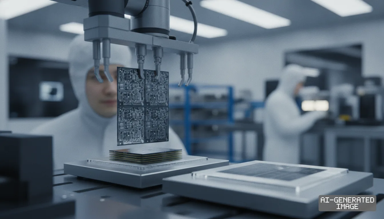A robotic arm assembles stacked semiconductor components in a cleanroom while technicians in protective suits work in the background. (AI-generated image)