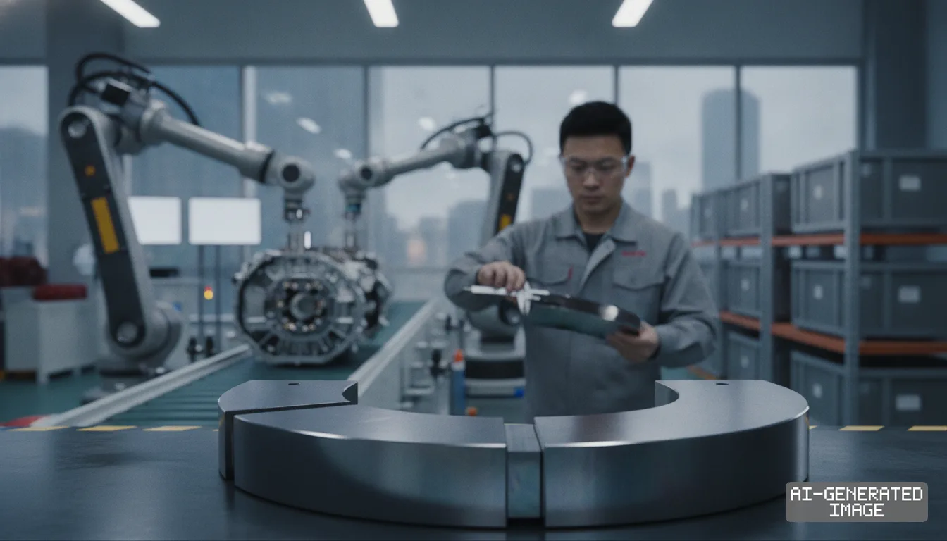 A technician inspects a part near curved permanent magnet segments and robotic assembly arms inside an advanced manufacturing facility. (AI-generated image)