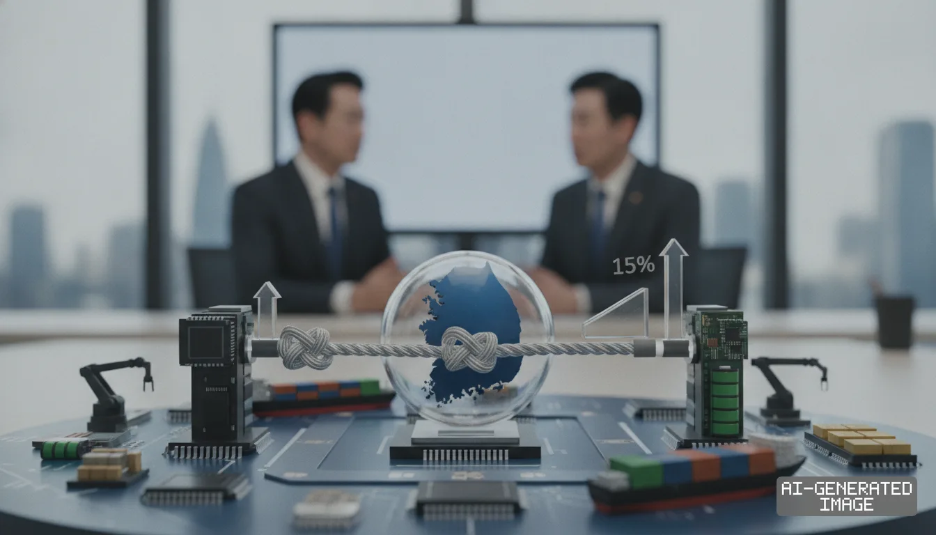 A miniature trade display showing microchips, cargo ships, and a 15 percent graphic sits before two men in suits seated at a conference table. (AI-generated image)