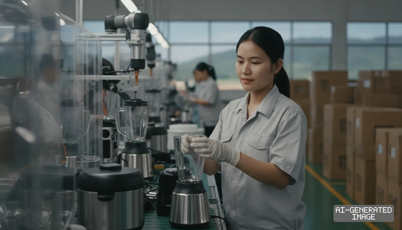 A worker assembles electric blenders along an automated factory production line for small household appliances. (AI-generated image)