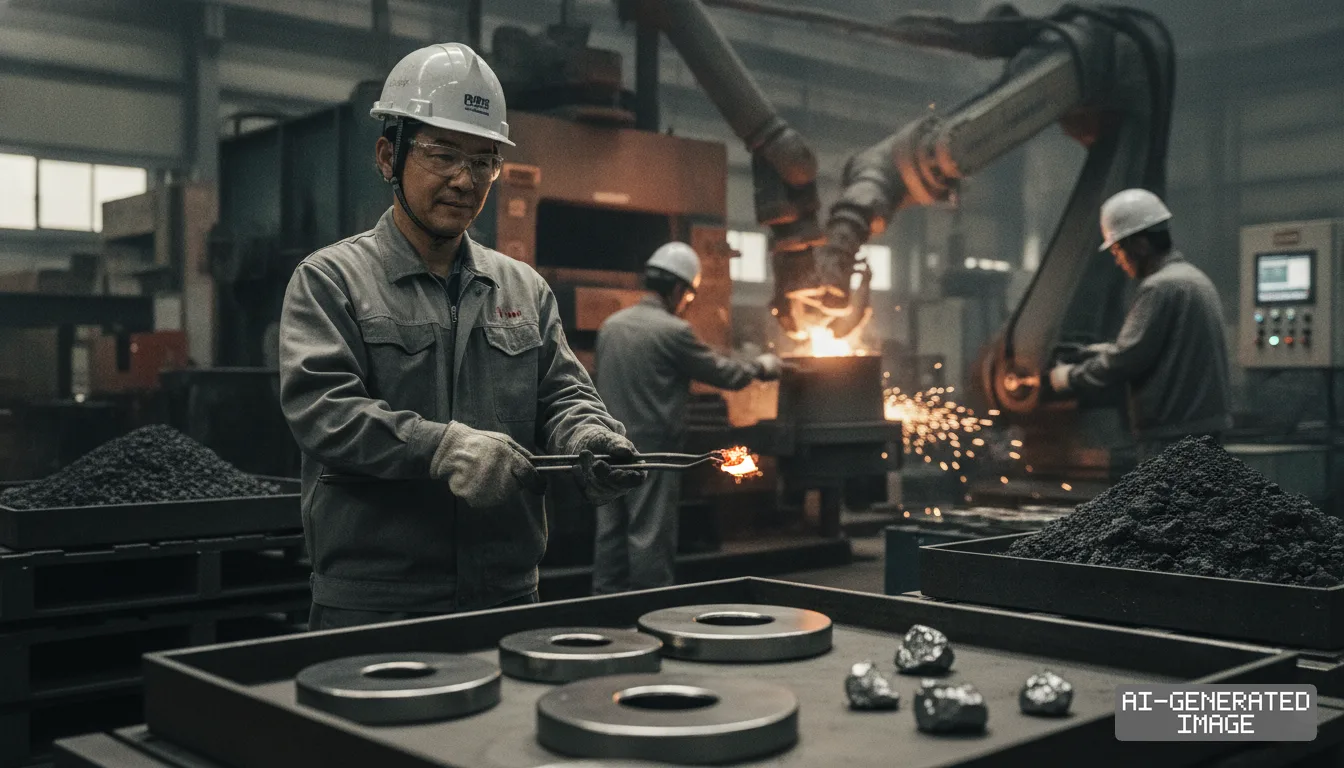 Workers handle heated materials and shaped metal rings inside a processing facility producing components for permanent magnets. (AI-generated image)