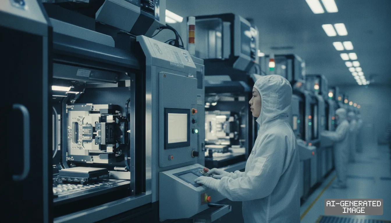 A technician in cleanroom attire operates machinery inside a semiconductor manufacturing facility. (AI-generated image)
