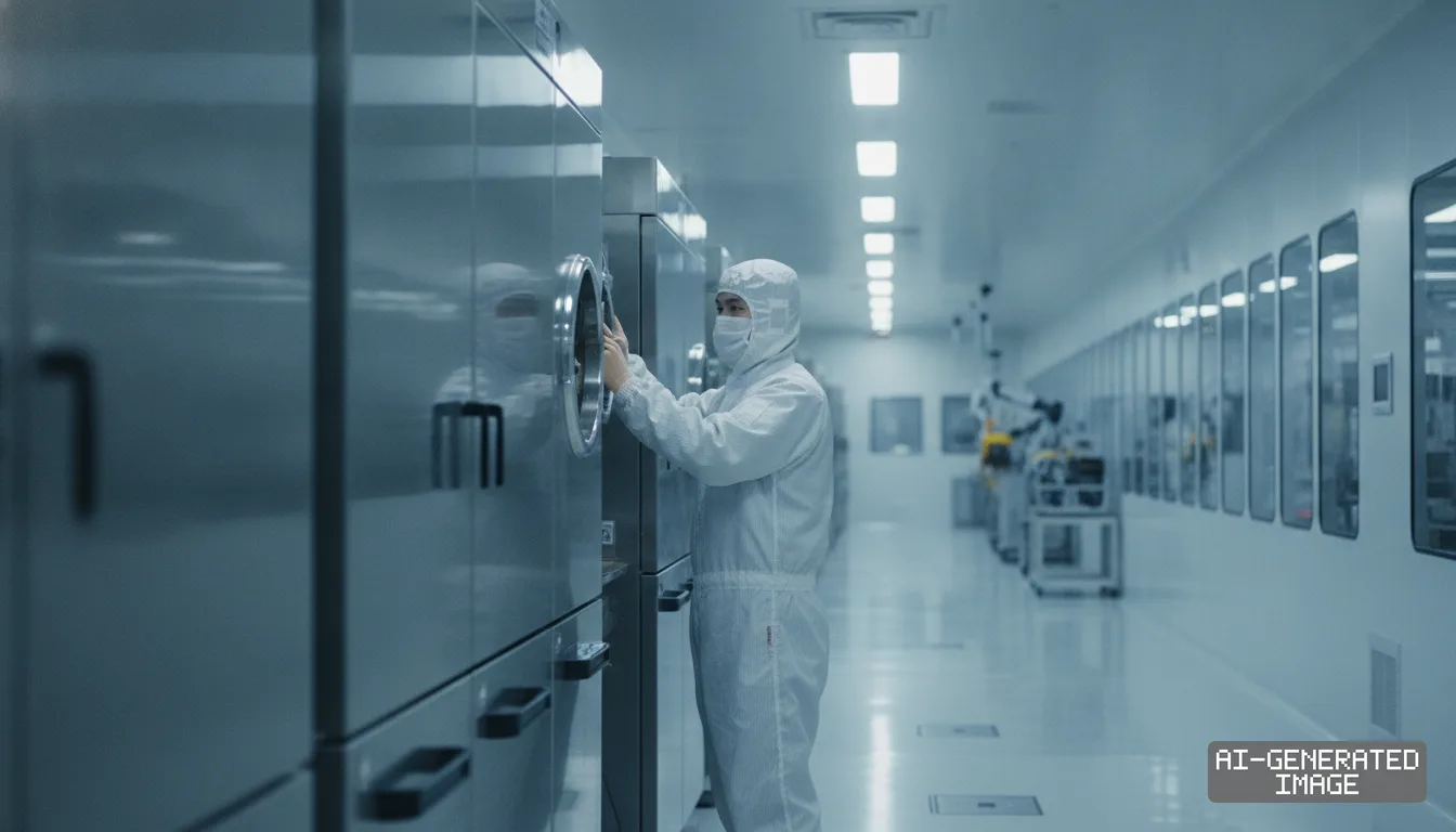 A worker wearing protective cleanroom attire operates specialized equipment inside an industrial cleanroom facility. (AI-generated image)