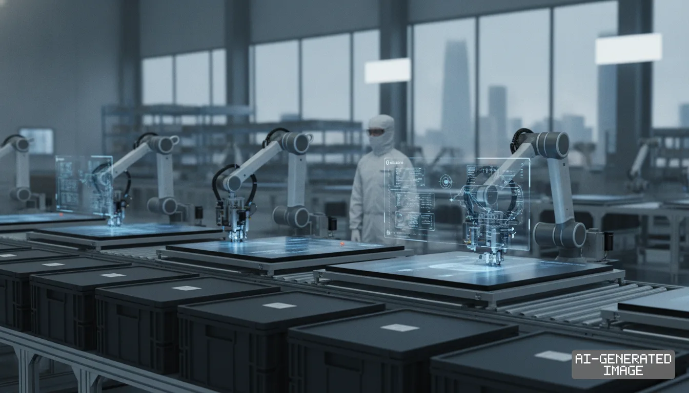 Automated robotic arms assemble components on a high-tech production line as a worker in a protective suit observes in a modern factory. (AI-generated image)
