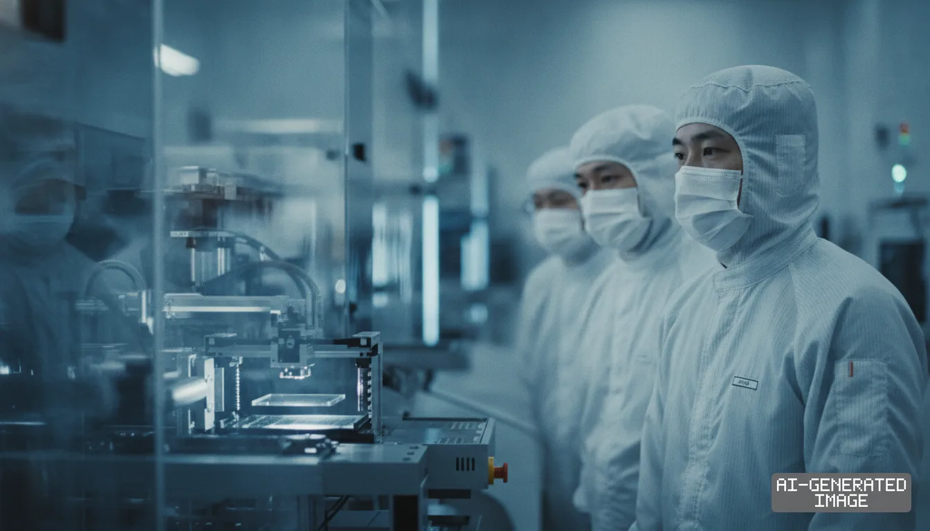 Cleanroom workers wearing protective gear observe automated equipment used in semiconductor manufacturing. (AI-generated image)