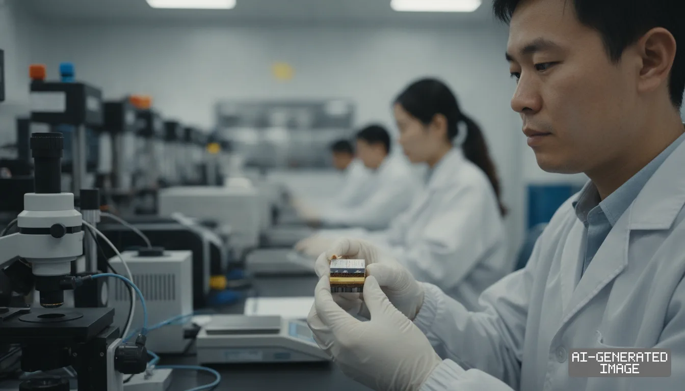 A researcher inspects an experimental battery cell alongside colleagues working in a battery development laboratory. (AI-generated image)