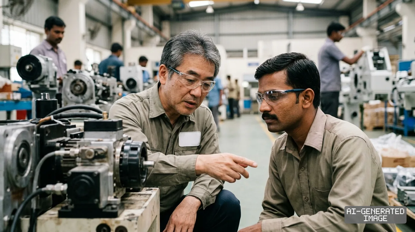 Engineers inspect machinery on a manufacturing floor as Japanese industrial investment expands in India. (AI-generated image)
