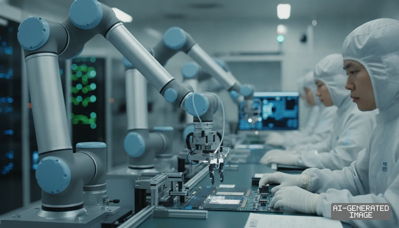 Technicians in cleanroom suits work alongside robotic arms to assemble electronic circuit boards on a production line. (AI-generated image)