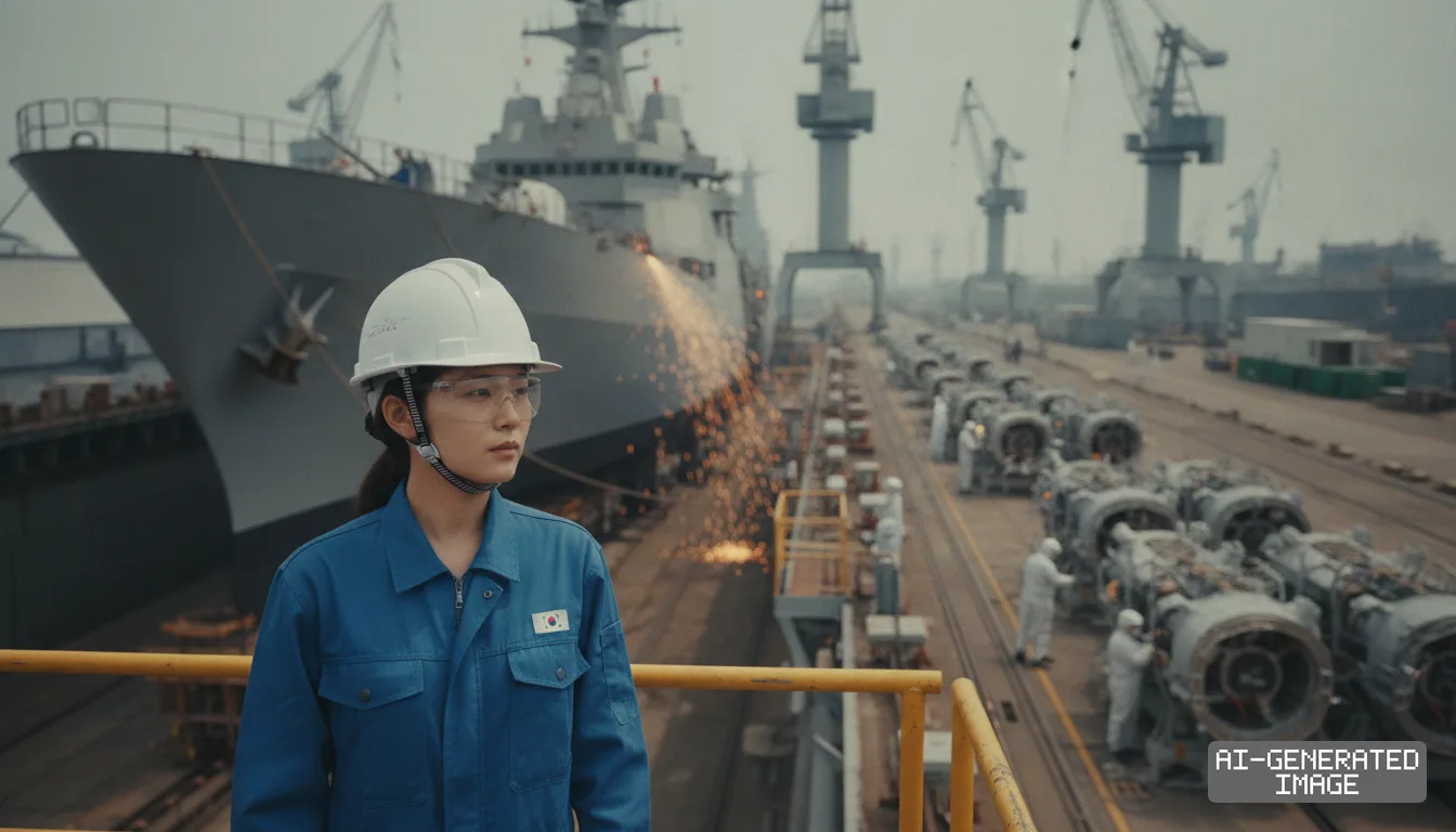A worker wearing a South Korean flag patch stands before a naval warship and rows of machinery components at a bustling shipyard. (AI-generated image)