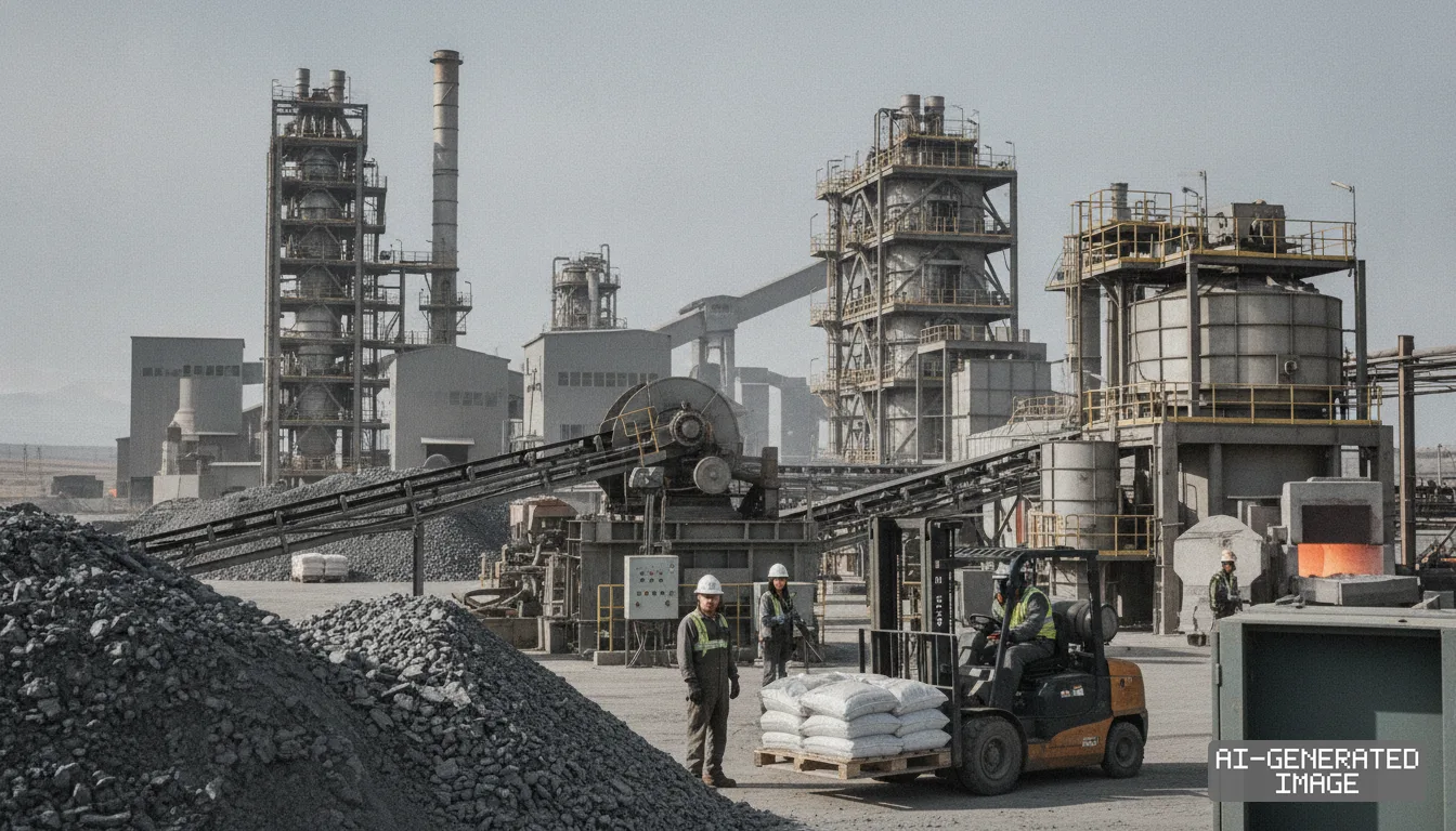 Workers move bagged material on a forklift beside piles of ore at an industrial mineral refining facility. (AI-generated image)