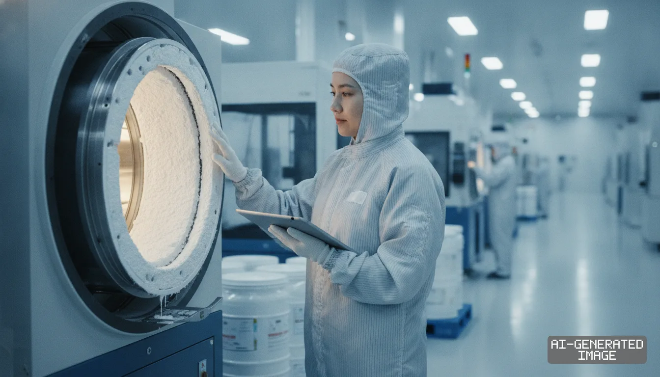 A worker in protective cleanroom attire inspects a coated chamber while holding a digital tablet inside a manufacturing facility. (AI-generated image)