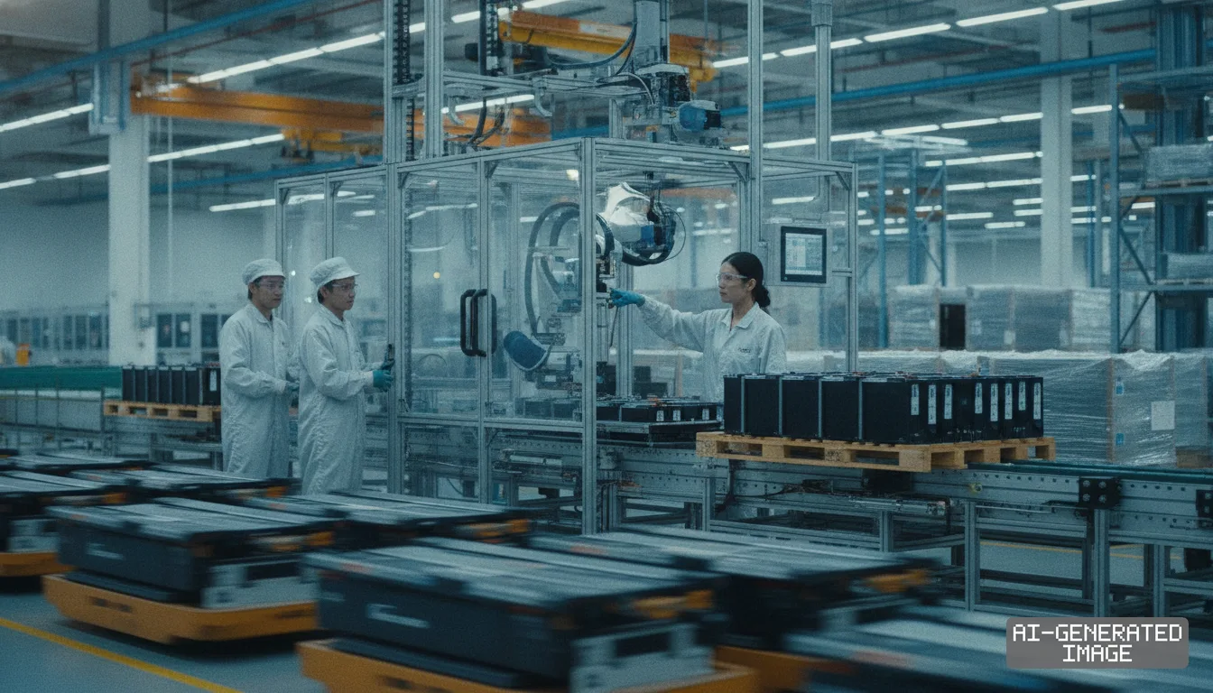 Workers oversee automated equipment assembling electric vehicle battery packs on a factory production line. (AI-generated image)