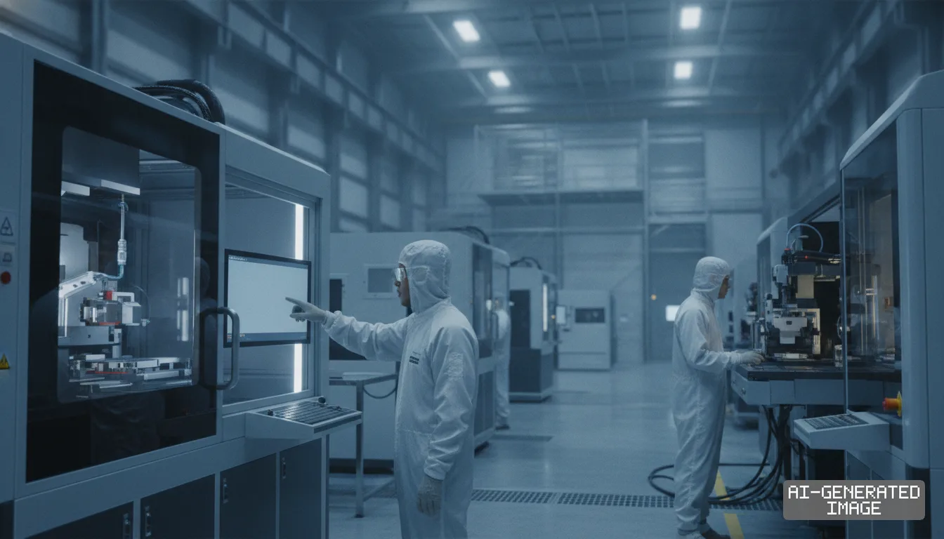 Technicians in cleanroom suits operate advanced machinery inside a modern semiconductor manufacturing facility. (AI-generated image)