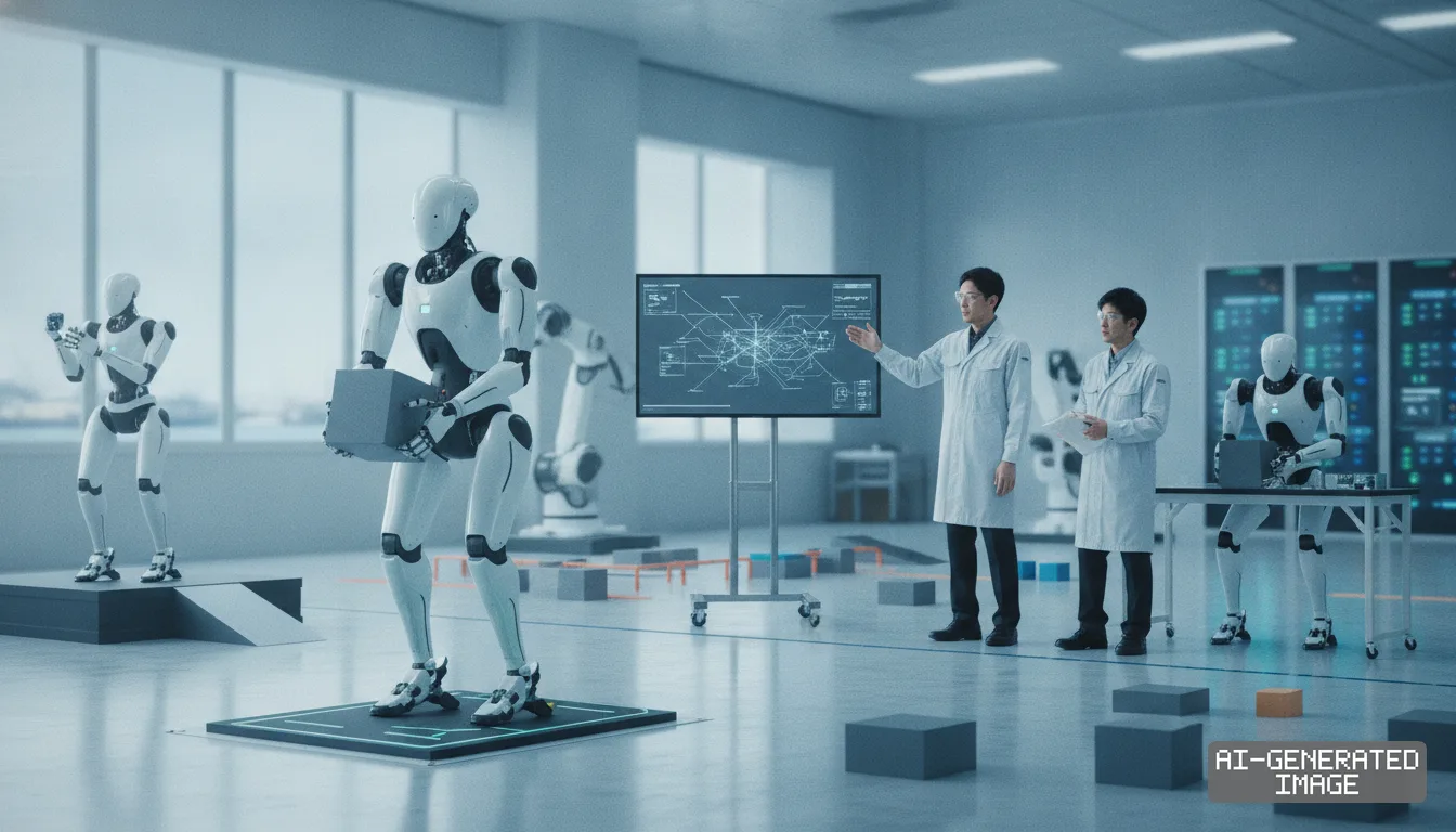 Researchers in lab coats monitor bipedal humanoid robots performing lifting and handling tests beside a large display screen. (AI-generated image)