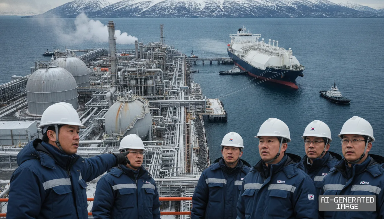 South Korean personnel inspect a coastal liquefied natural gas export terminal as a large LNG tanker rests at the dock. (AI-generated image)