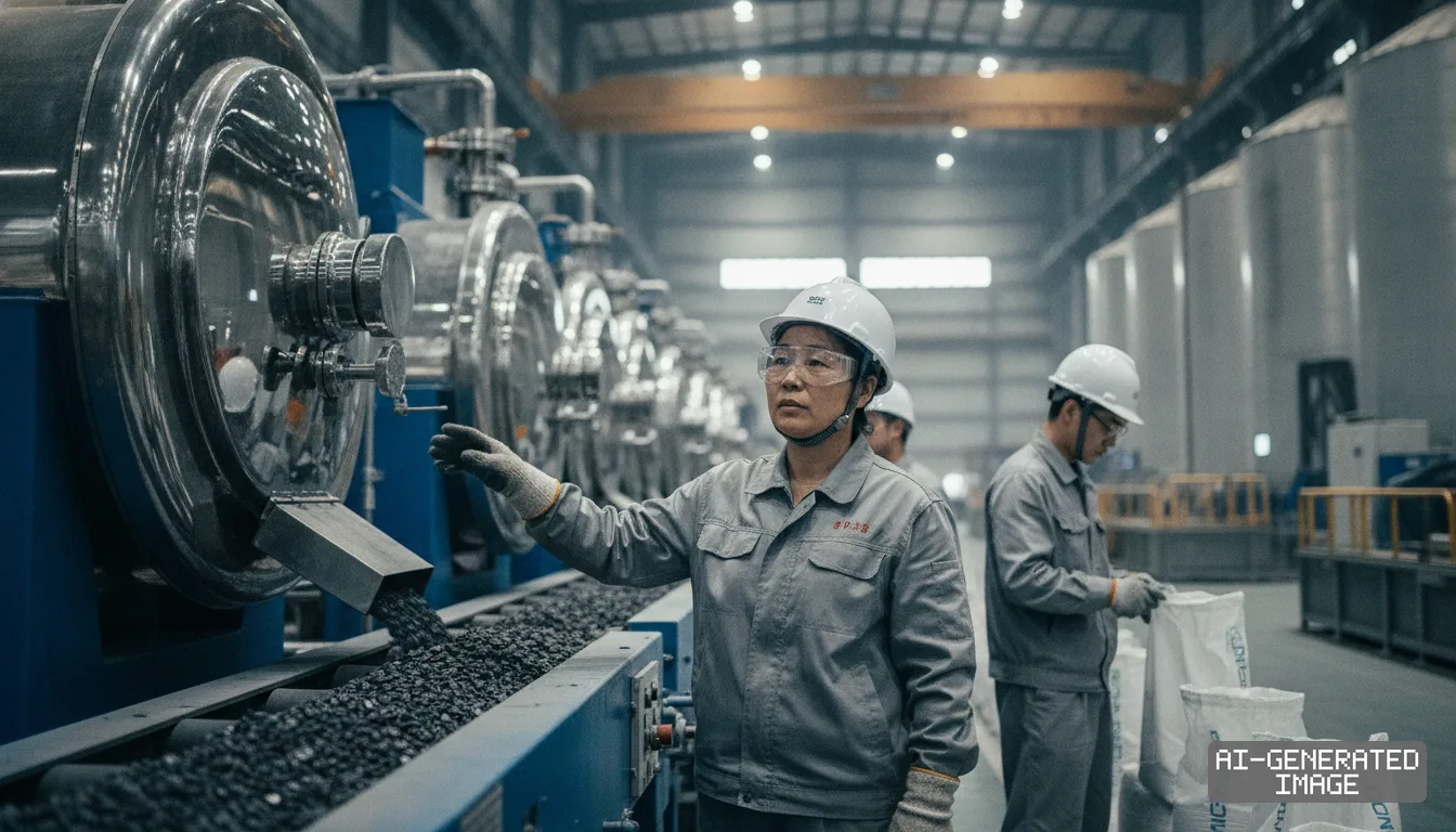 Workers in protective gear inspect mineral materials moving along a conveyor belt inside an industrial processing facility. (AI-generated image)
