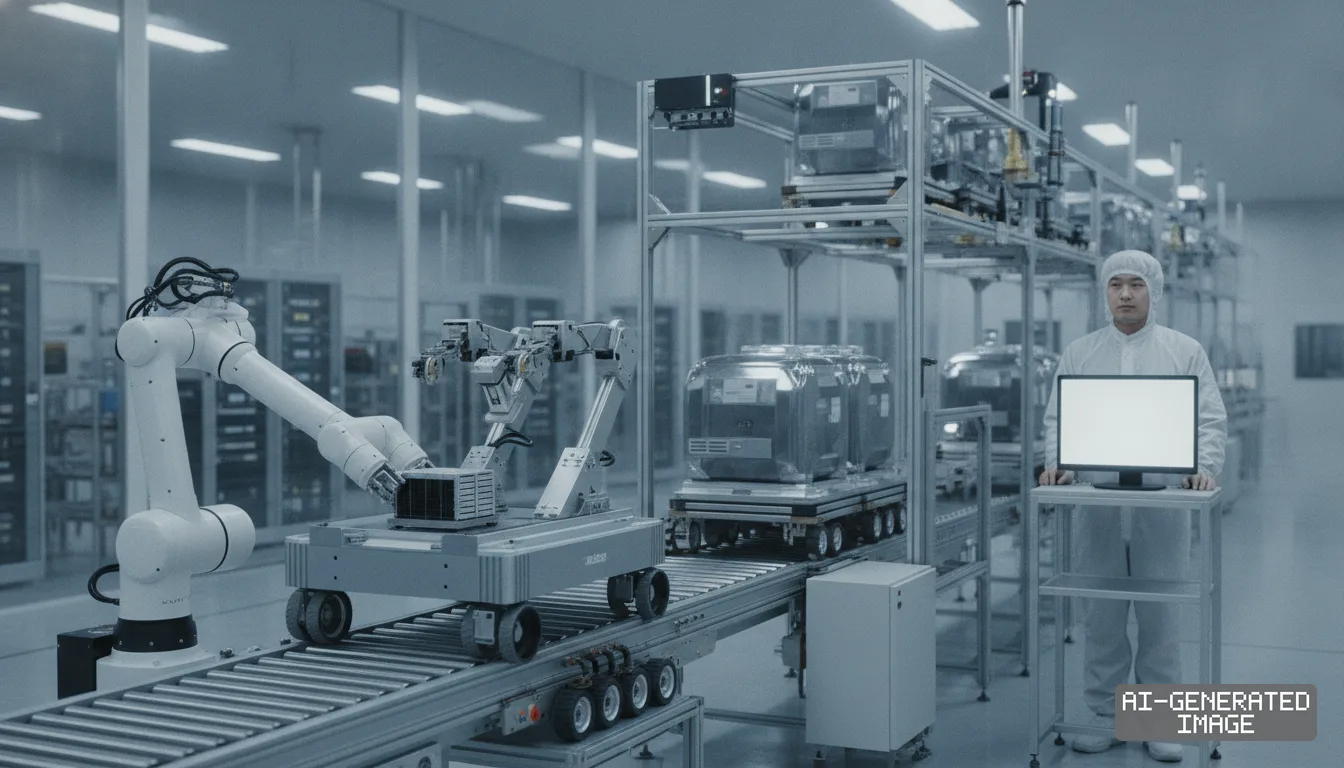 A worker in cleanroom gear monitors robotic arms and mobile transport platforms operating along an automated conveyor line. (AI-generated image)