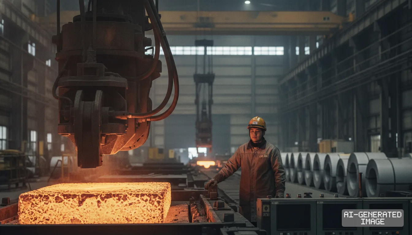 A worker oversees machinery processing a glowing steel slab beside rows of coiled sheet metal inside an industrial plant. (AI-generated image)