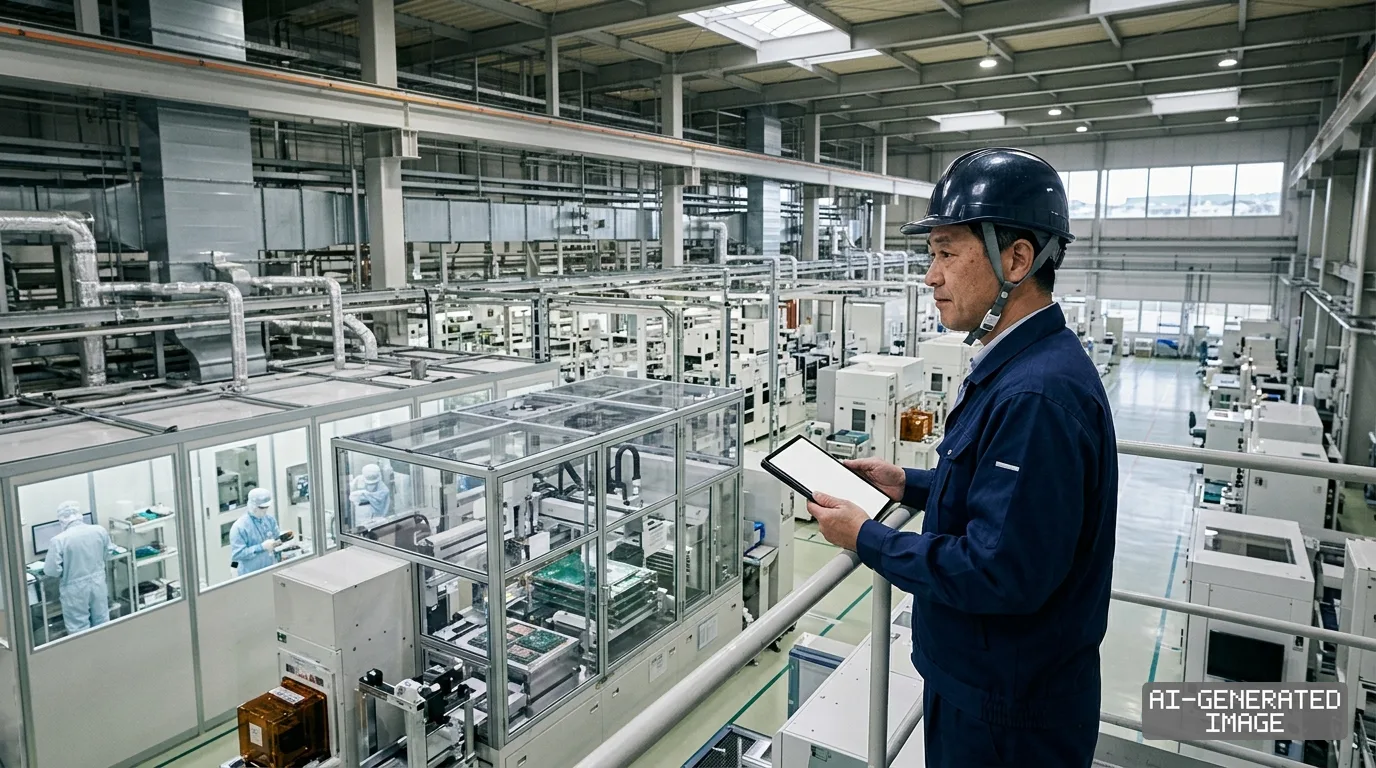 A worker holding a tablet overlooks production equipment across an advanced electronics manufacturing facility. (AI-generated image)