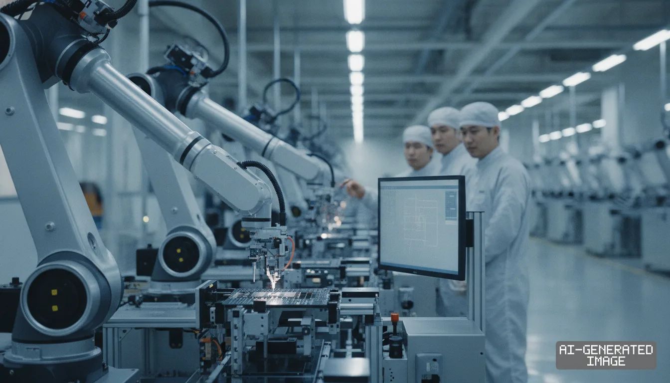 Robotic arms perform precision assembly on an automated production line as workers in cleanroom suits monitor operations. (AI-generated image)
