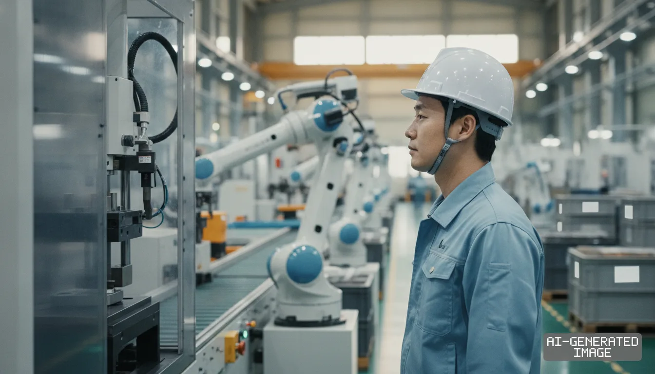 A worker monitors automated robotic machinery along a production line at a manufacturing campus in Pohang, South Korea. (AI-generated image)