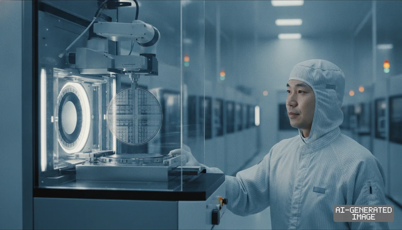 A cleanroom technician monitors automated semiconductor equipment holding a silicon wafer during chip manufacturing operations. (AI-generated image)