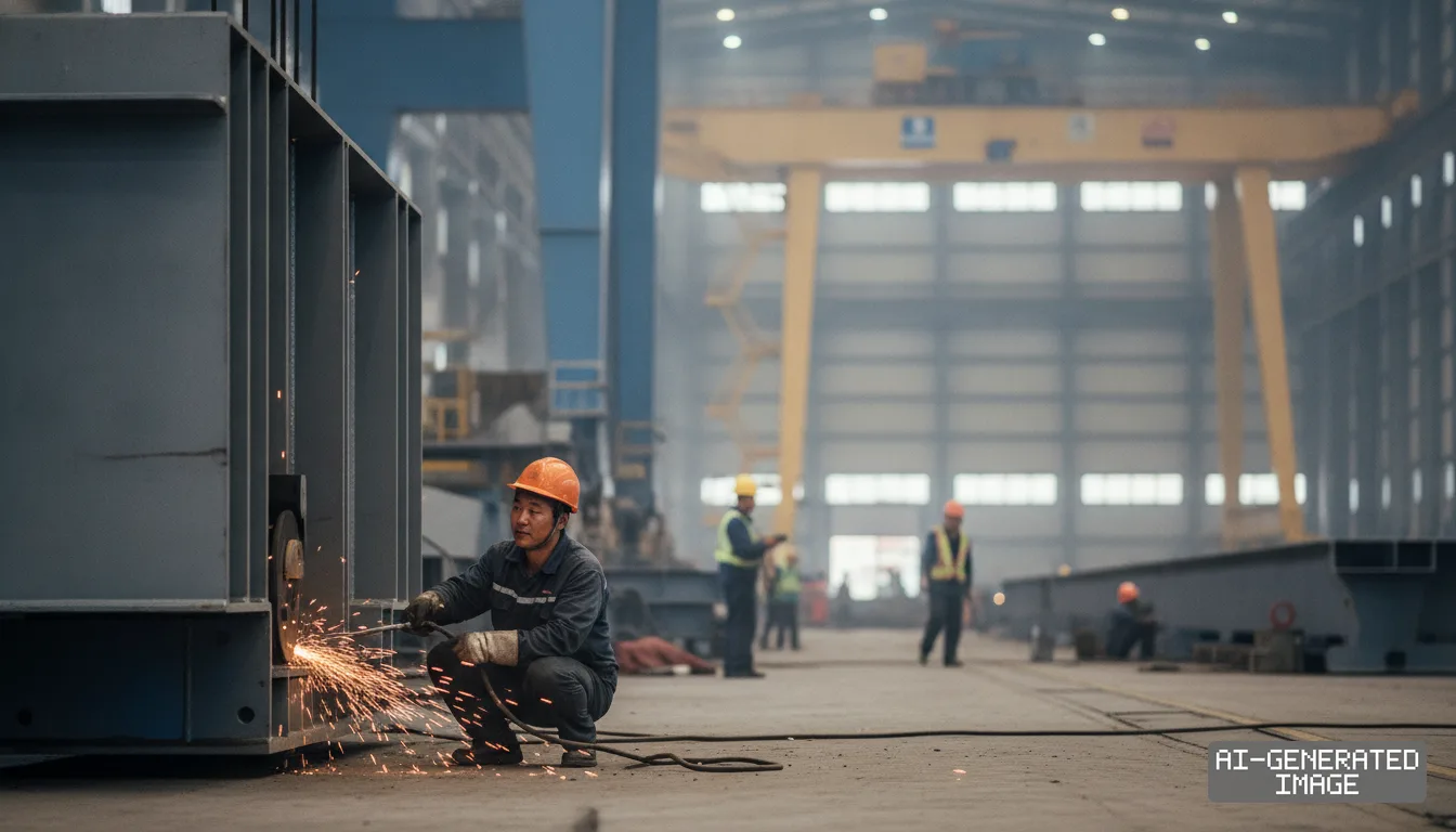 A worker cuts a heavy steel structure inside a fabrication facility as work begins on a massive gantry crane for a South Korean shipbuilder. (AI-generated image)