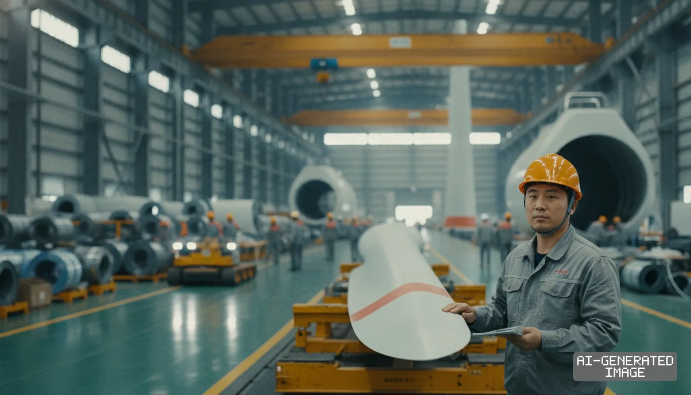 A worker in a hard hat stands beside a wind turbine blade inside an expansive manufacturing plant in China. (AI-generated image)