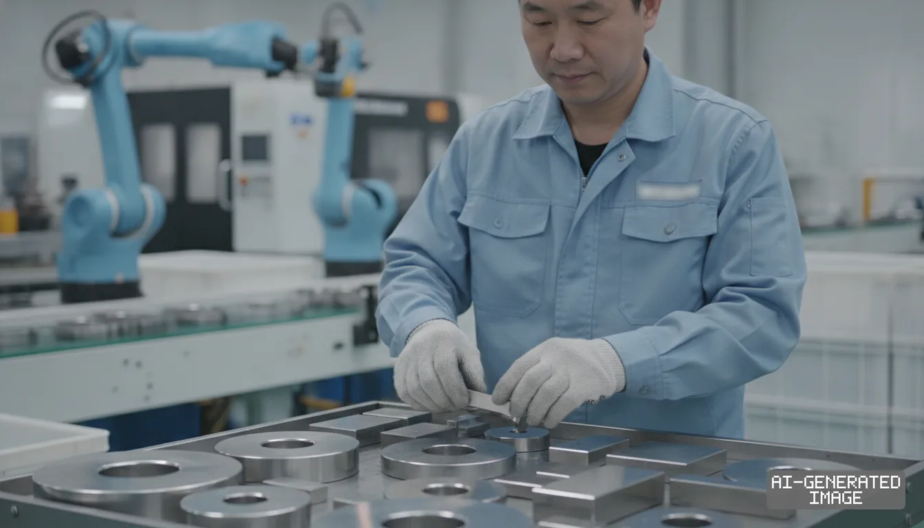 A worker inspects manufactured permanent magnet components on a tray in an automated production facility. (AI-generated image)
