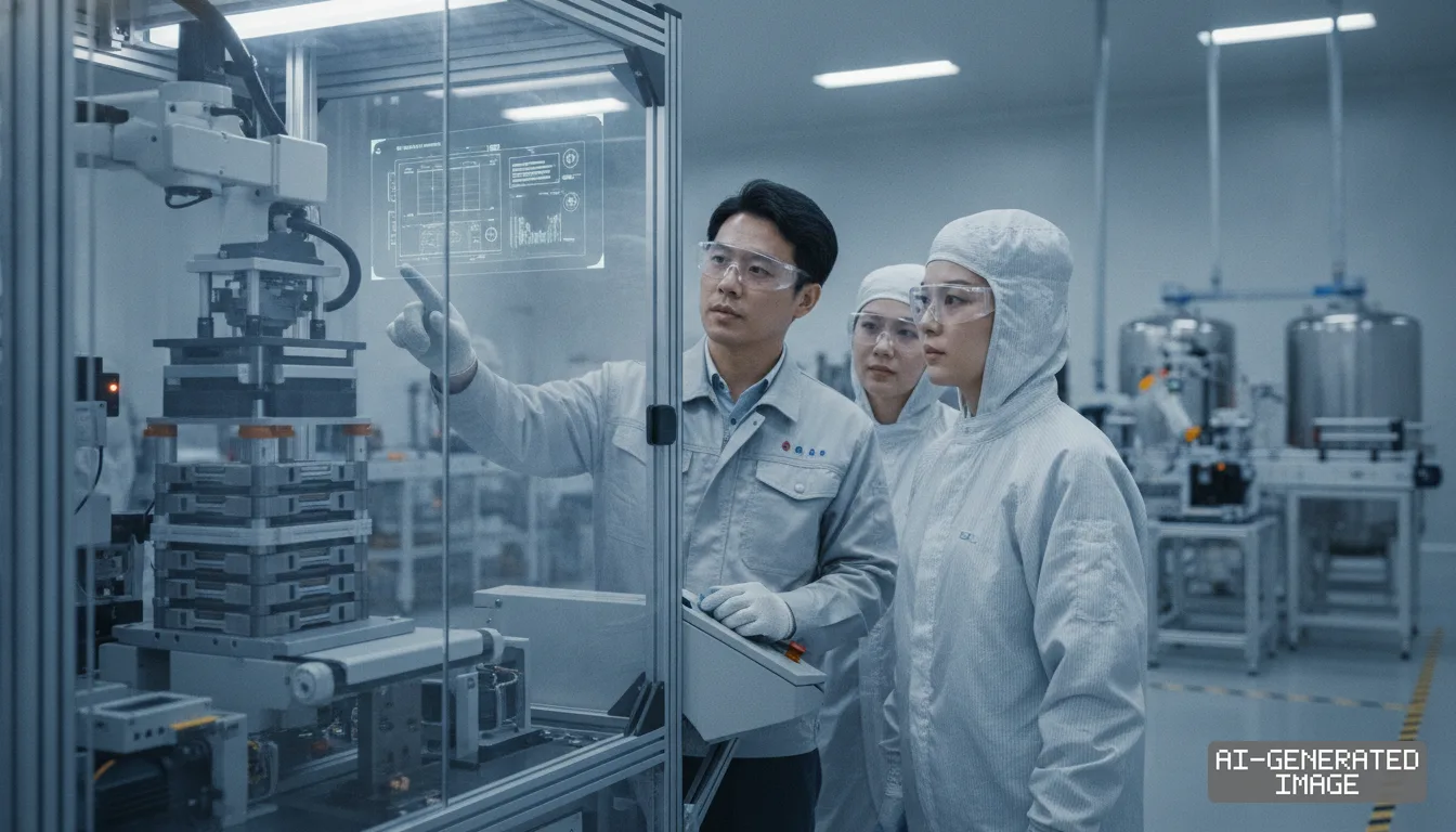 Engineers in protective suits inspect an automated cell assembly machine and a digital readout inside a battery plant. (AI-generated image)