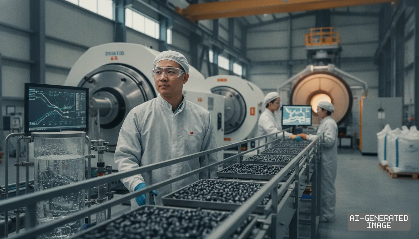 Technicians in protective gear oversee trays of material along an industrial processing line in a rare earth manufacturing plant. (AI-generated image)