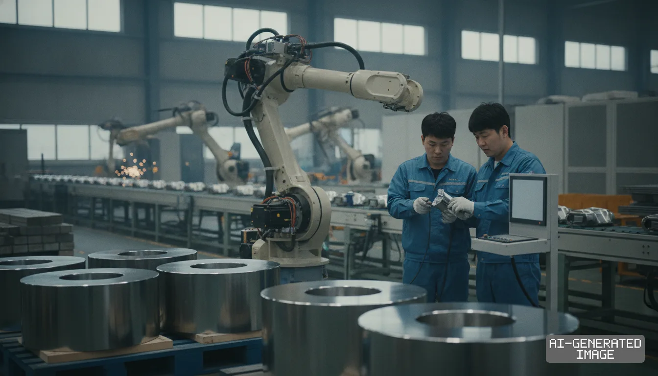 Technicians examine a metal component beside automated robotic arms on an industrial factory production line. (AI-generated image)