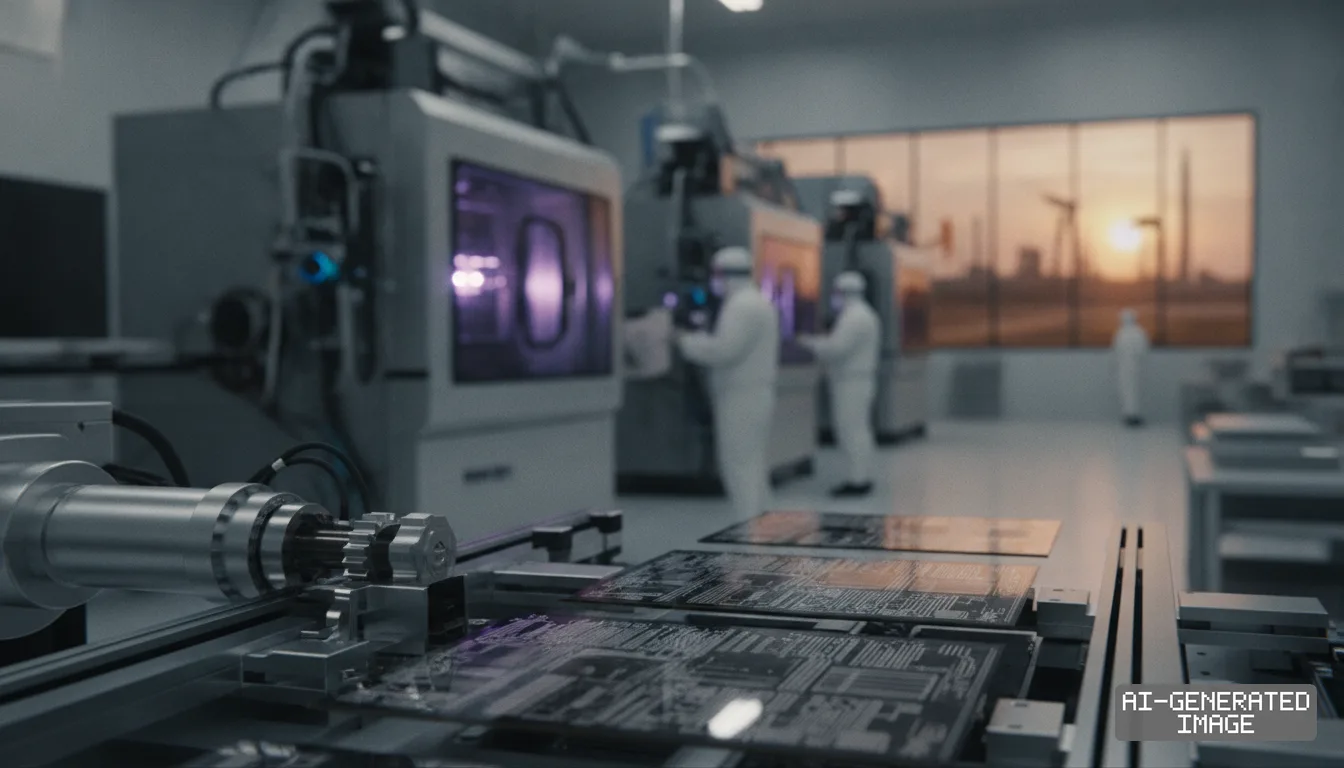 Workers in protective cleanroom suits operate automated machinery inside an advanced semiconductor fabrication facility. (AI-generated image)