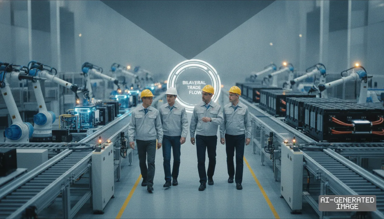 Workers in hard hats walk along an automated assembly line inside an advanced industrial manufacturing facility. (AI-generated image)