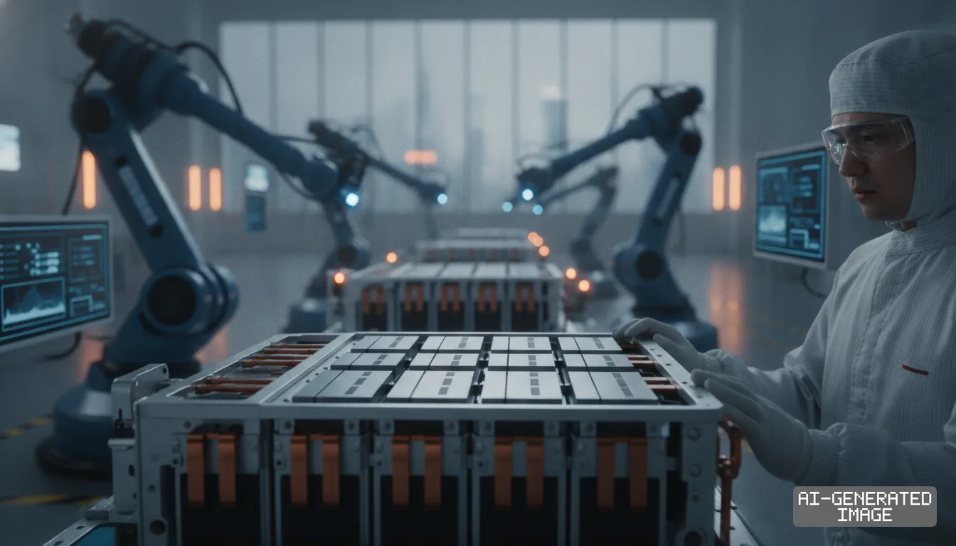 A worker in protective gear inspects an electric vehicle battery pack on an automated assembly line equipped with robotic arms. (AI-generated image)