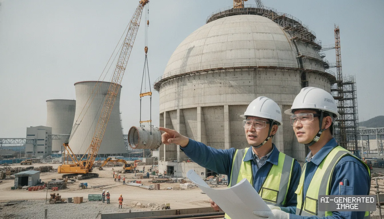 Engineers review blueprints at a nuclear power plant construction site featuring a containment dome and cooling towers. (AI-generated image)