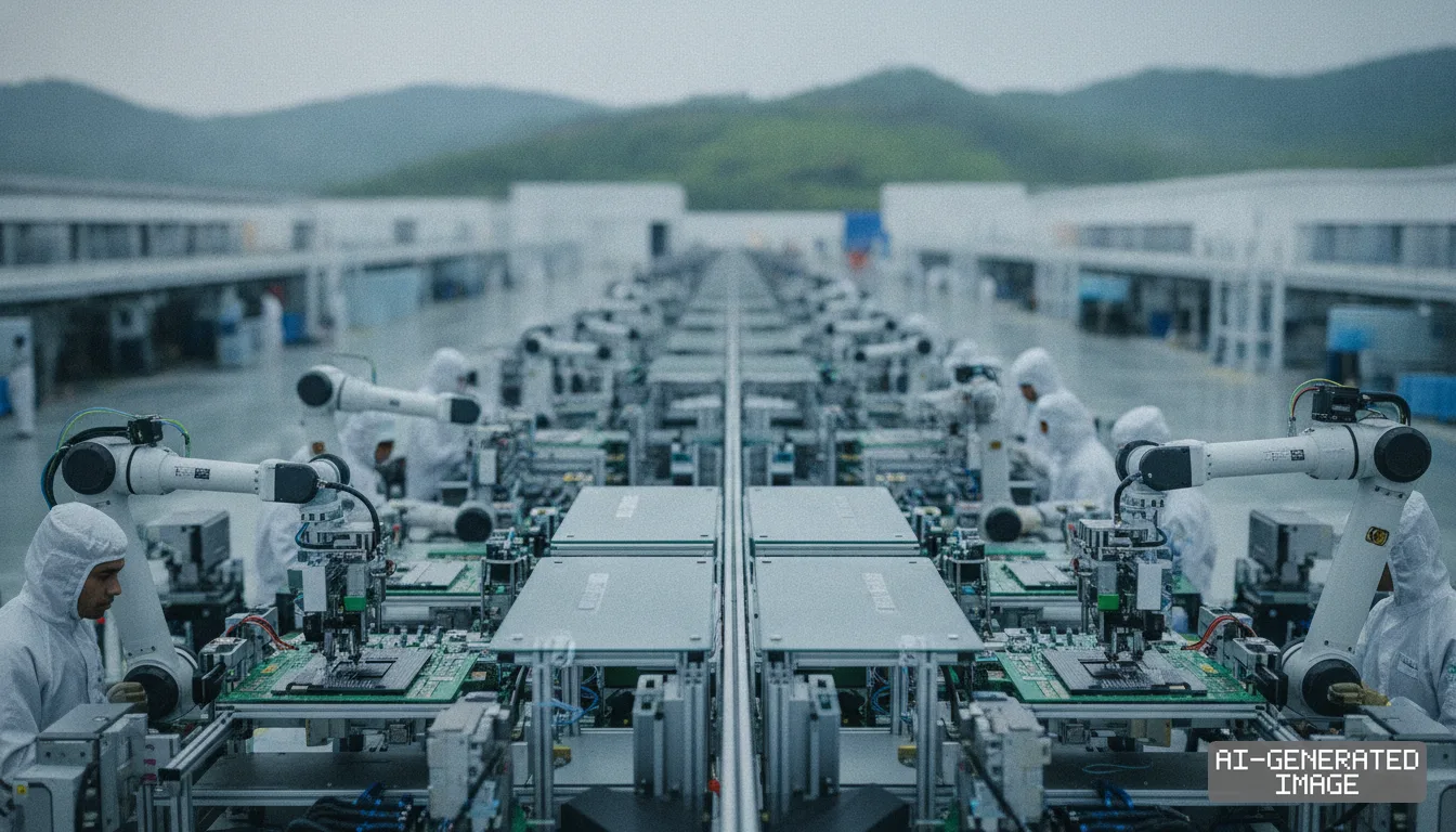 Workers in cleanroom suits monitor robotic arms assembling circuit boards at the Tata Electronics semiconductor facility in Assam. (AI-generated image)