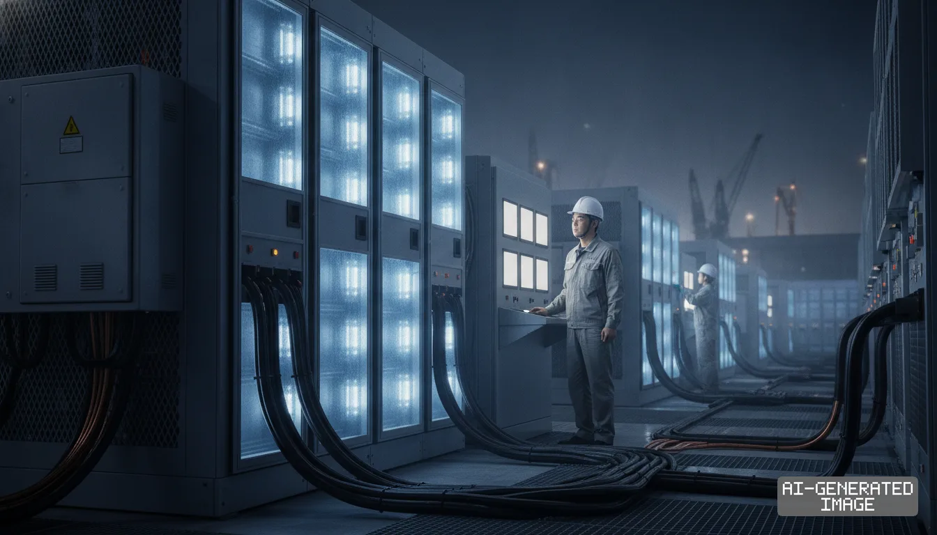 Technicians in hard hats inspect rows of large energy storage system cabinets linked by heavy power cables. (AI-generated image)